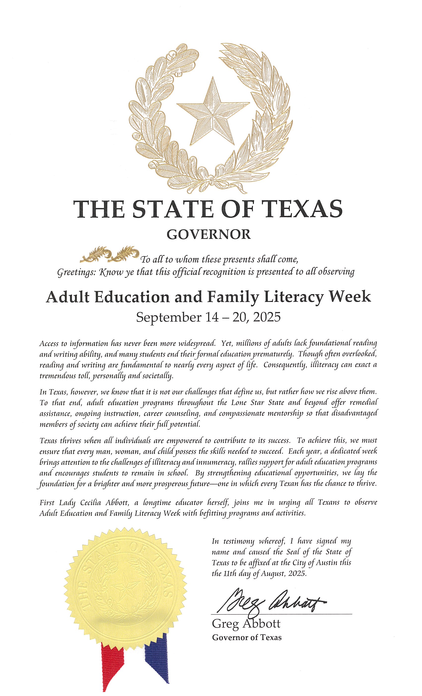 A thumbnail image of Governor Greg Abbott's proclamation declaring September 14 through September 20 as Adult Education and Family Literacy Week in Texas