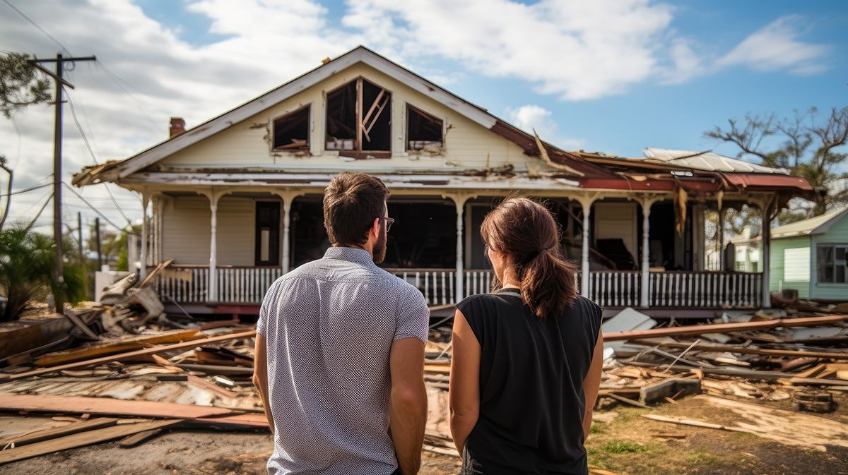 A couple standing in front of a house affected by a disaster