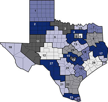 Texas map of Local Workforce Development Areas